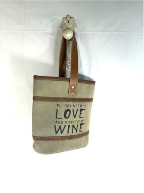 MYRA Bag Wine Tote Bag Love Wine Cowhide Canvas Leather Strap Boho new